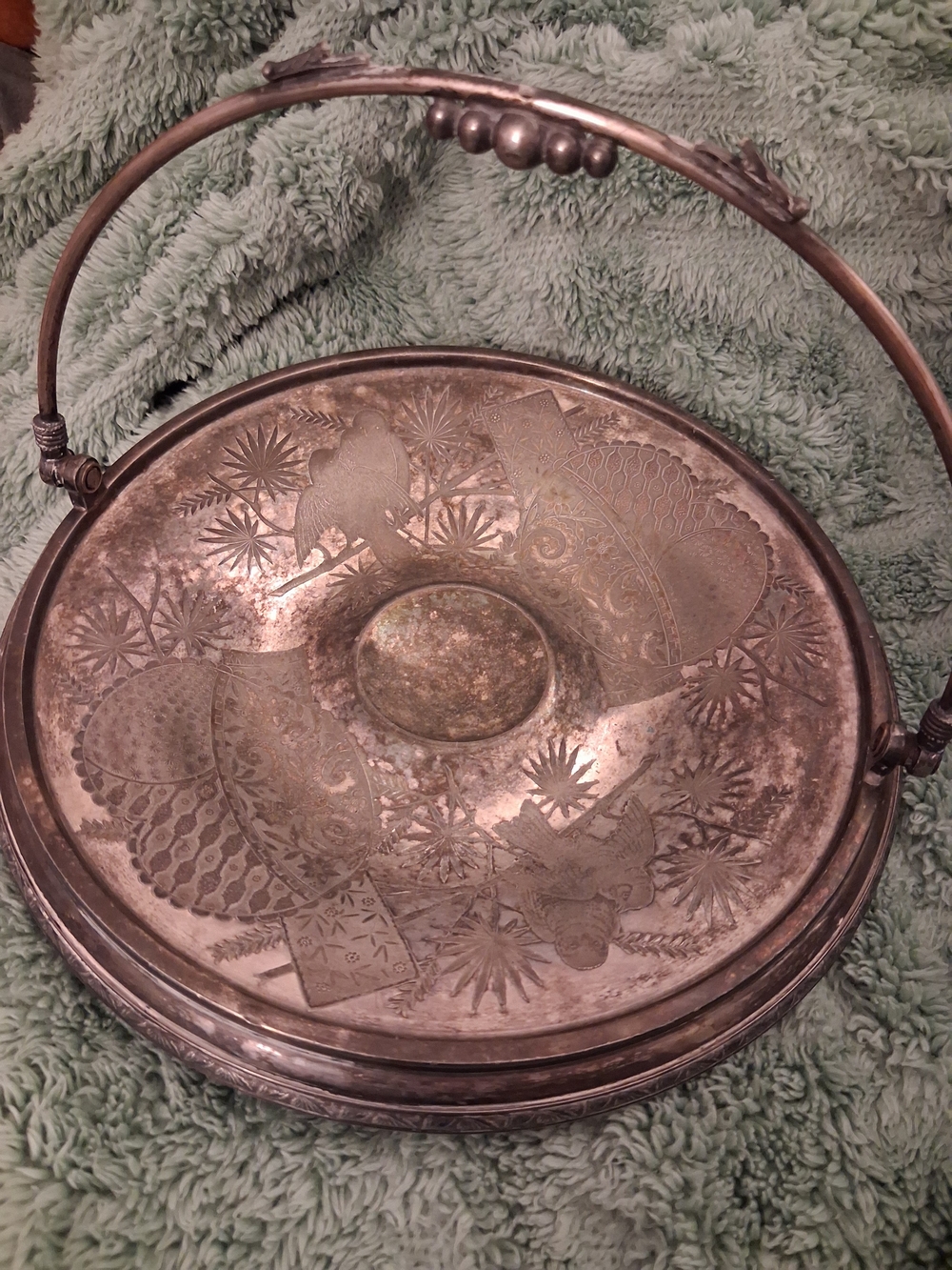 Antique Victorian Silverplate Bride's Basket Aesthetic Movement Engraved Songbir